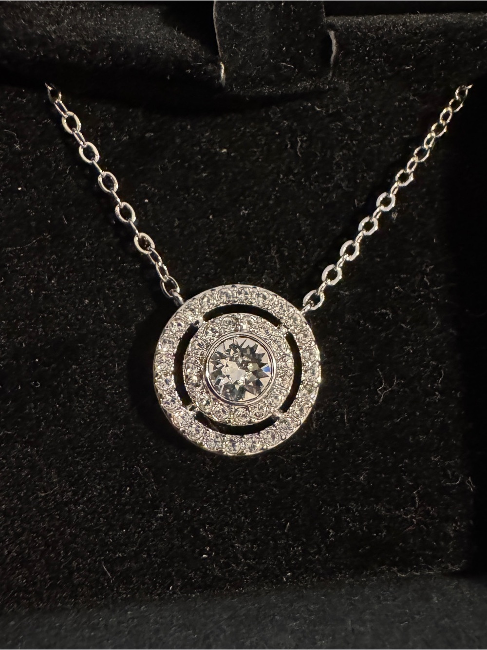 Swarovski White Crystal Double Halo Circle Pendant Necklace